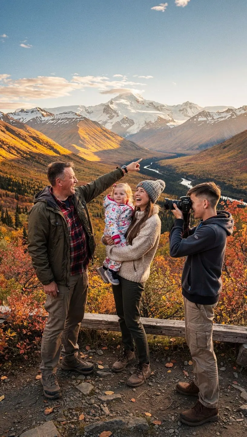 Visitors hiking a well-marked trail surrounded by dense boreal forest and wildflowers in early fall.