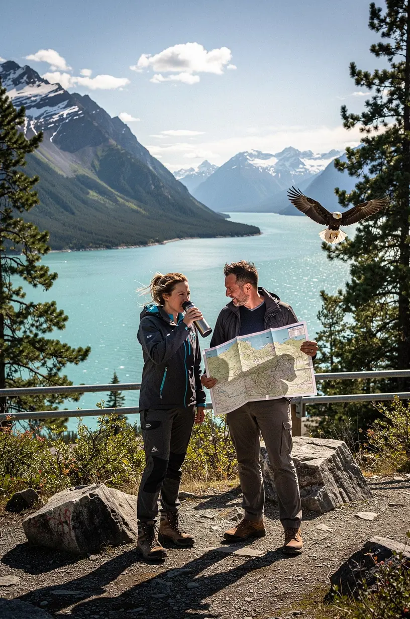 Aerial perspective of a vast Alaskan wilderness with interconnected trails and wildlife observation points.